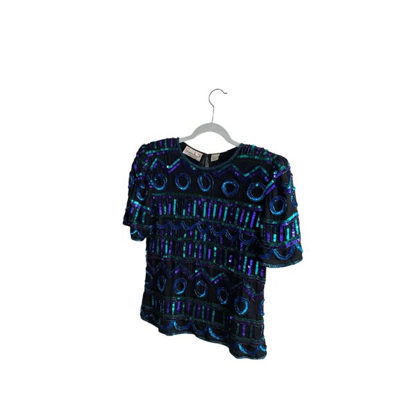 Vintage Laurence Kazar Sequined Silk Top Black Blue Green Short Sleeve Petite Me - Picture 5 of 10